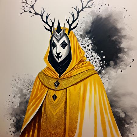 01058-1533248471-a monochrome ink sketch drawing of the kinginyellow wearing a cloak and a mask, antlers, crown.png